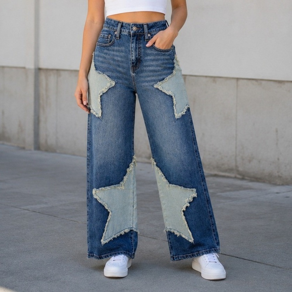 Hot Topic Jeans Sz 9 Wide Leg Two Tone Star Patch Y2K Denim Festival Goth Baggy